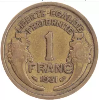 Монета франк Франции 1931 года Бронза