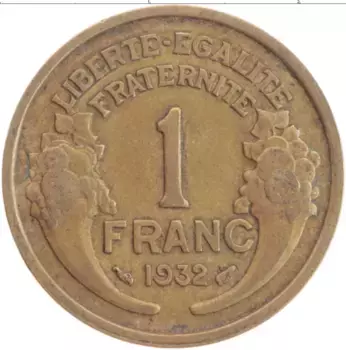 Монета франк Франции 1932 года Бронза