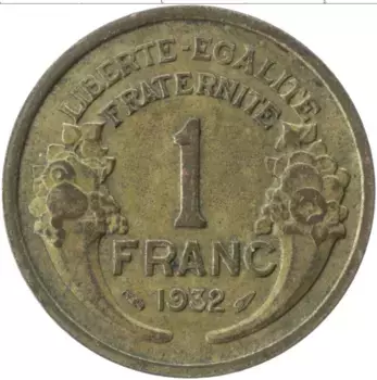 Монета франк Франции 1932 года Латунь