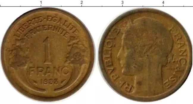 Монета франк Франции 1933 года Латунь Марианна
