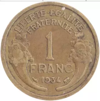 Монета франк Франции 1934 года Бронза