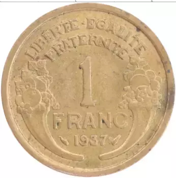 Монета франк Франции 1937 года Бронза