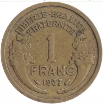 Монета франк Франции 1937 года Бронза