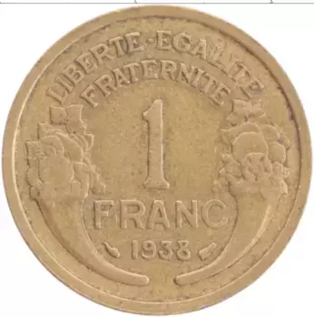 Монета франк Франции 1938 года Бронза