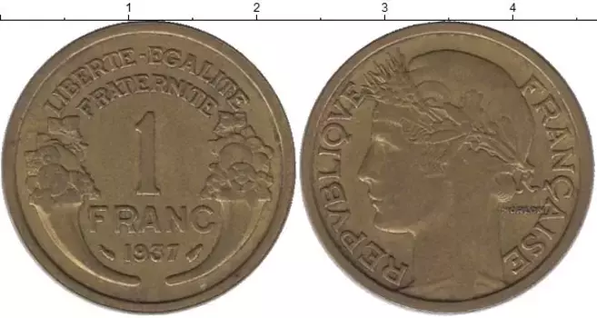 Монета франк Франции 1938 года Латунь /