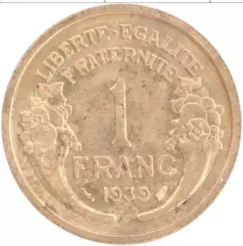 Монета франк Франции 1939 года Бронза