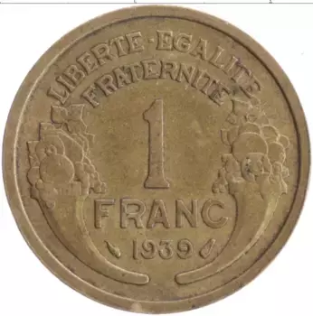 Монета франк Франции 1939 года Бронза