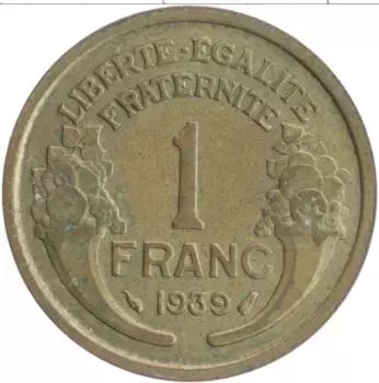 Монета франк Франции 1939 года Бронза