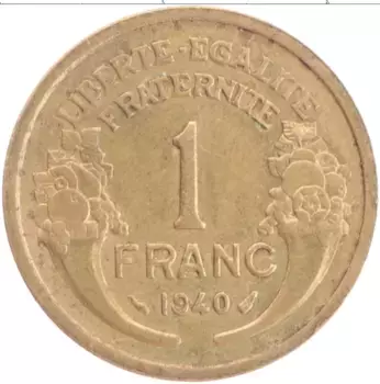 Монета франк Франции 1940 года Бронза