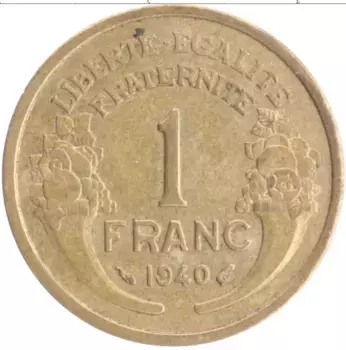 Монета франк Франции 1940 года Бронза