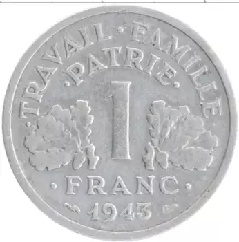 Монета франк Франции 1943 года Алюминий