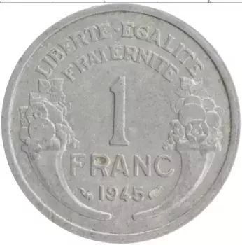 Монета франк Франции 1945 года Алюминий