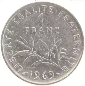 Монета франк Франции 1969 года Медно-никель