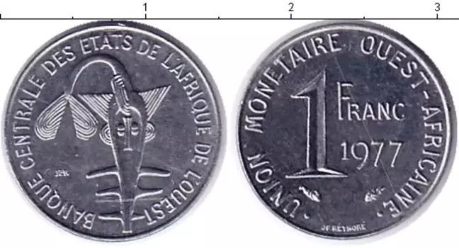 Монета франк КФА 1977 года Медно-никель