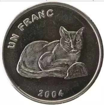 Монета франк Конго 2004 года Медно-никель Золотая кошка