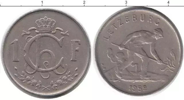 Монета франк Люксембурга 1952 года Медно-никель Шарлотта