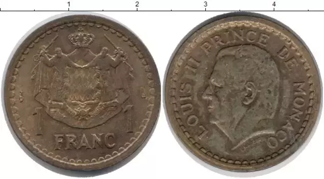 Монета франк Монако 1945 года Латунь Принц Монако Луи II