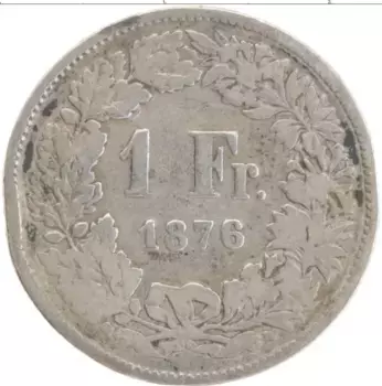 Монета франк Швейцарии 1876 года Серебро