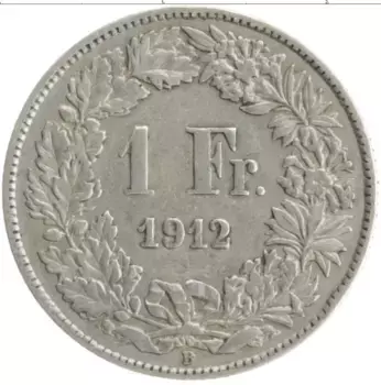 Монета франк Швейцарии 1912 года Серебро