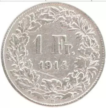 Монета франк Швейцарии 1914 года Серебро