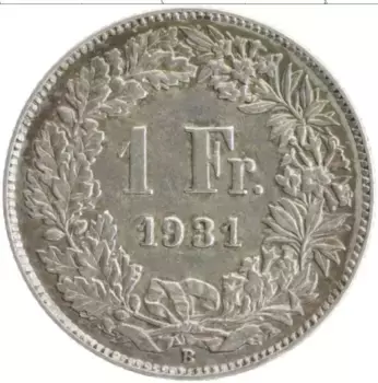 Монета франк Швейцарии 1931 года Серебро