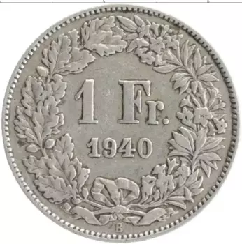Монета франк Швейцарии 1940 года Серебро