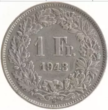 Монета франк Швейцарии 1943 года Серебро