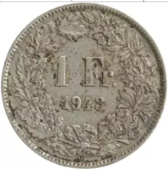 Монета франк Швейцарии 1943 года Серебро