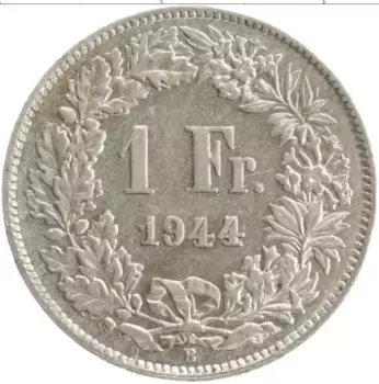 Монета франк Швейцарии 1944 года Серебро
