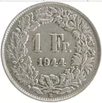 Монета франк Швейцарии 1944 года Серебро