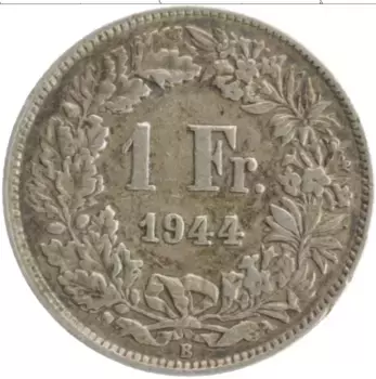 Монета франк Швейцарии 1944 года Серебро