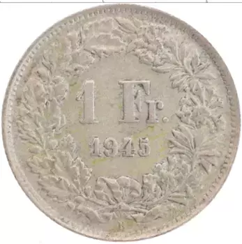Монета франк Швейцарии 1945 года Серебро