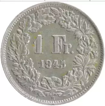 Монета франк Швейцарии 1945 года Серебро