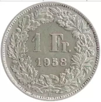 Монета франк Швейцарии 1958 года Серебро