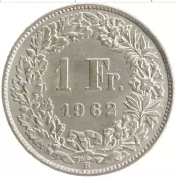 Монета франк Швейцарии 1962 года Серебро