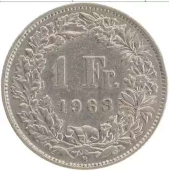 Монета франк Швейцарии 1968 года Медно-никель