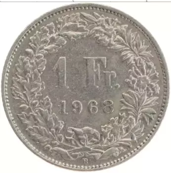 Монета франк Швейцарии 1968 года Медно-никель