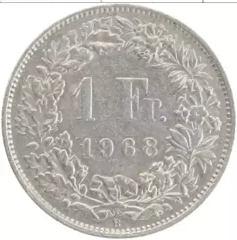 Монета франк Швейцарии 1968 года Медно-никель