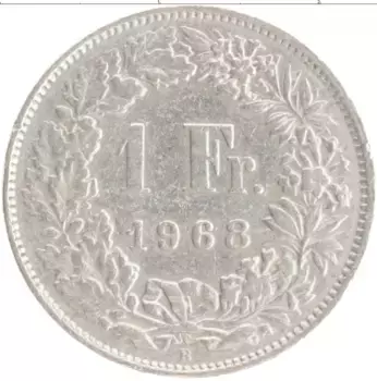 Монета франк Швейцарии 1968 года Медно-никель