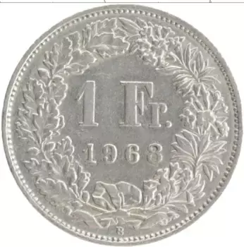 Монета франк Швейцарии 1968 года Медно-никель