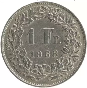 Монета франк Швейцарии 1968 года Медно-никель