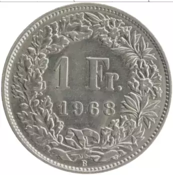 Монета франк Швейцарии 1968 года Медно-никель