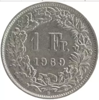 Монета франк Швейцарии 1969 года Медно-никель