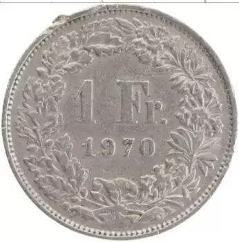 Монета франк Швейцарии 1970 года Медно-никель
