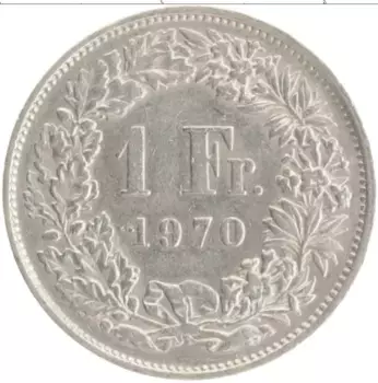 Монета франк Швейцарии 1970 года Медно-никель