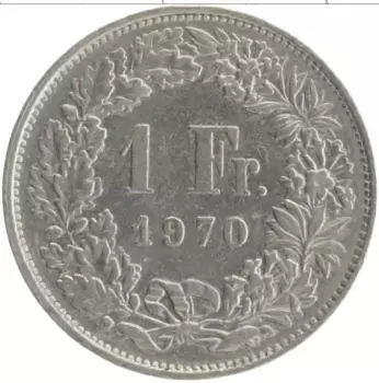 Монета франк Швейцарии 1970 года Медно-никель