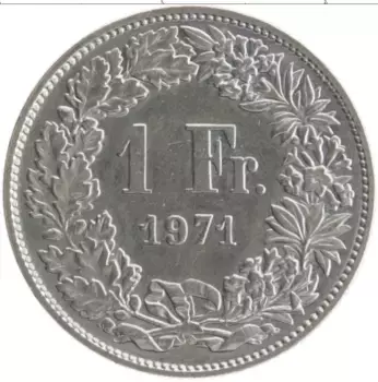 Монета франк Швейцарии 1971 года Медно-никель