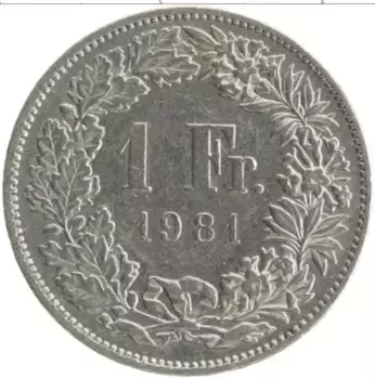 Монета франк Швейцарии 1981 года Медно-никель