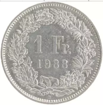 Монета франк Швейцарии 1988 года Медно-никель
