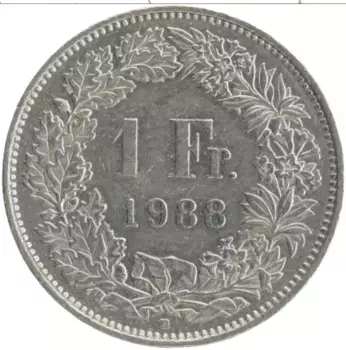 Монета франк Швейцарии 1988 года Медно-никель